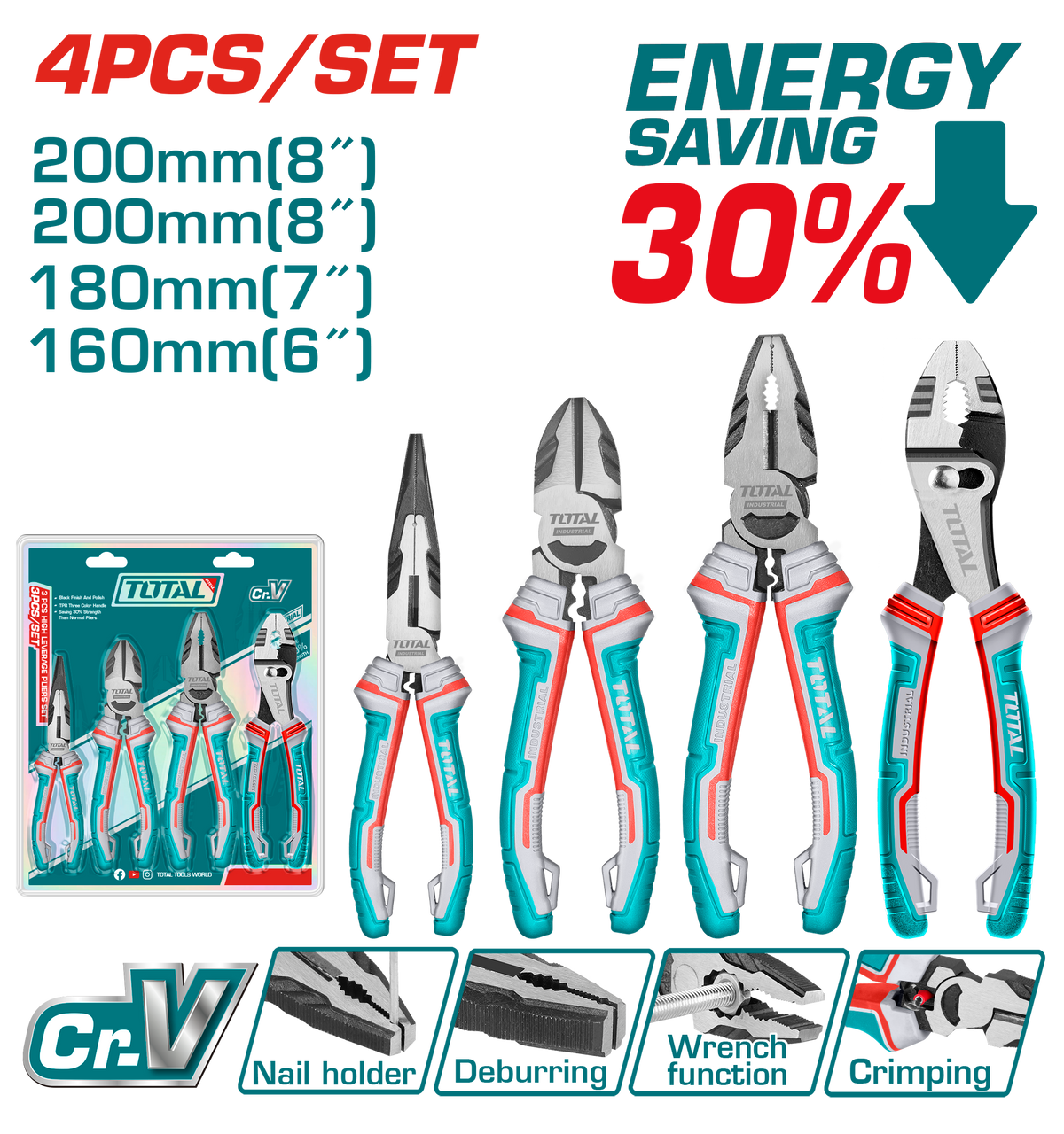 TOTAL 4 Pcs Pliers Set – Cr-V Steel, Multi-Function with TRP Handle (THT2K0488)