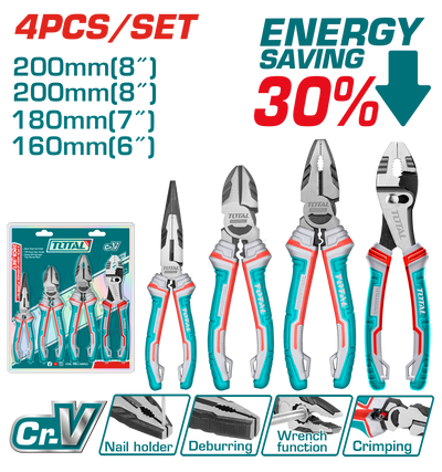 TOTAL 4 Pcs Pliers Set – Cr-V Steel, Multi-Function with TRP Handle (THT2K0488)