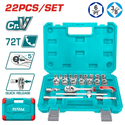 TOTAL 22 Pcs 3/8" Socket Set – Professional Ratchet & Accessories Kit (THT381221)