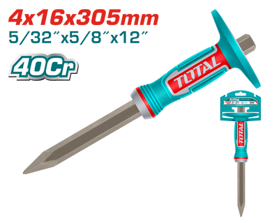 TOTAL Concrete Chisel 4mm × 16mm × 305mm – 40Cr Steel, Heat Treated, Powder Coated, Ergonomic Handle (THT4530416)
