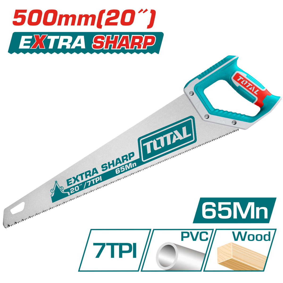 TOTAL Hand Saw 500mm | 20" – 7TPI Extra Sharp Wood Cutting Saw (THT55206)