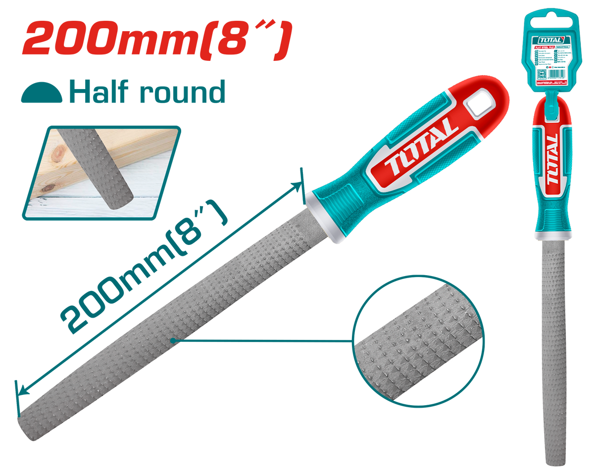 TOTAL Half Round Wood File 200mm (8") – Carbon Steel, Dual-Surface Hand File (THT91686)