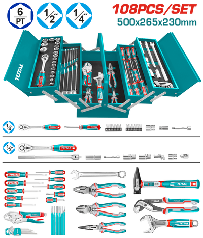 TOTAL 108-Piece Tool Chest Set – Sockets, Wrenches, Screwdrivers, Pliers & More (THTCS121081)