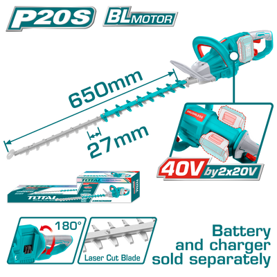 TOTAL Cordless Hedge Trimmer 40V Brushless, 650mm - Without Battery & Charger (THTLI40028)