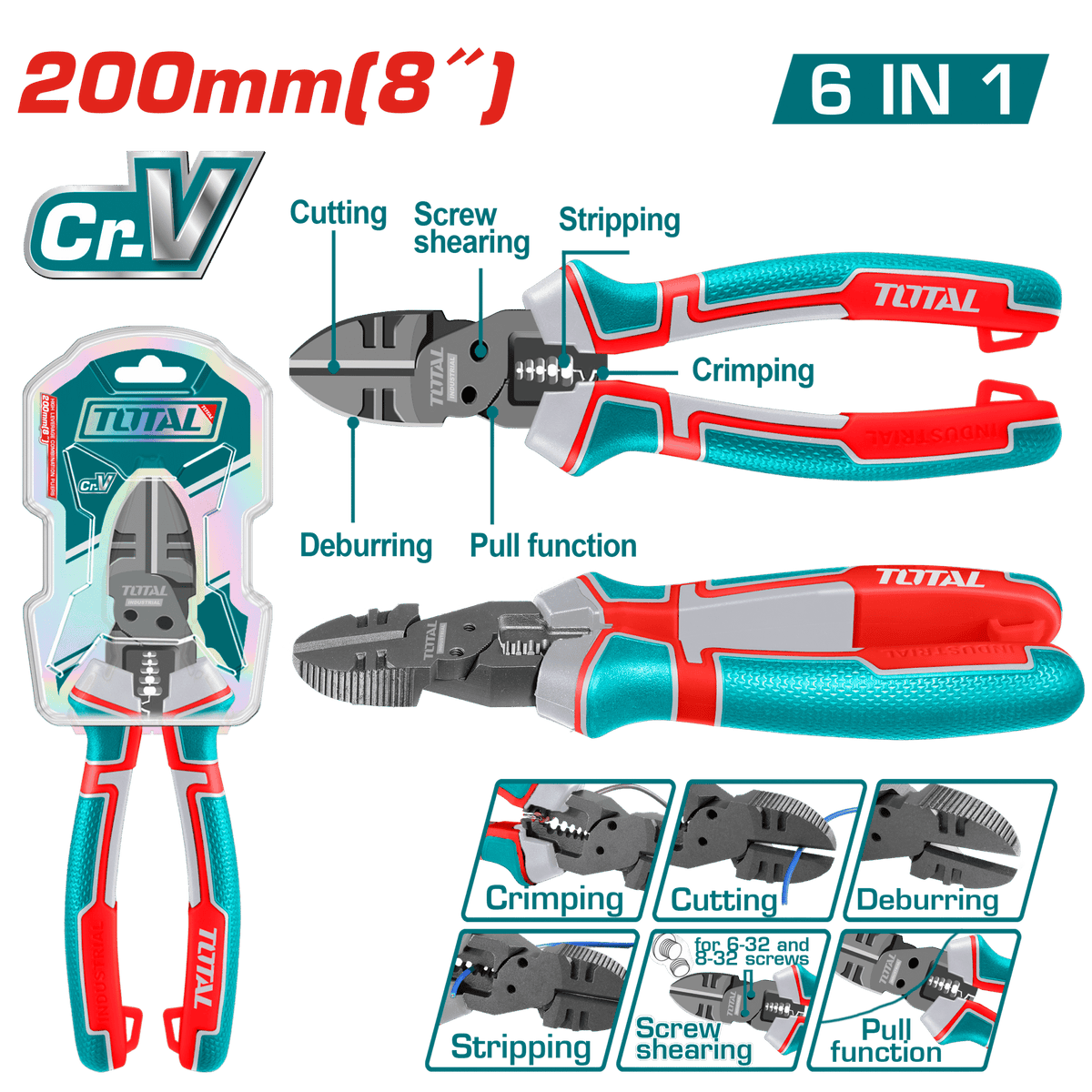 TOTAL 6-in-1 Multi-Function Diagonal Cutting Pliers – 8" | 200mm, Cr-V, Teflon Coated, Multi-Purpose Design (THTMF386)