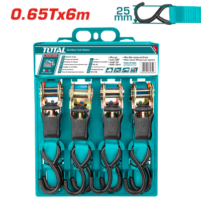 TOTAL 4pcs Ratchet Straps Set – 0.65T Load Capacity, 6m Length, S-Hook, Heavy Duty Tie-Down Straps (THTRS065606)