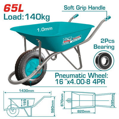 TOTAL Heavy Duty Wheelbarrow 140kg – Pneumatic Wheel Construction Cart (THTWB4010P)