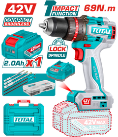 TOTAL 42V Compact Brushless Cordless Impact Drill – 69Nm Torque, 2-Speed Gear (TIDLI426981)