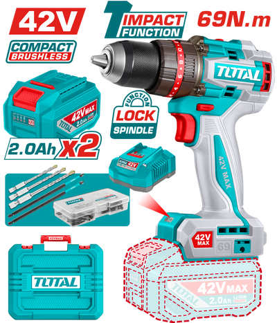 TOTAL Compact Brushless Cordless Impact Drill 42V – 69Nm with 2 Batteries & Accessories (TIDLI426982)