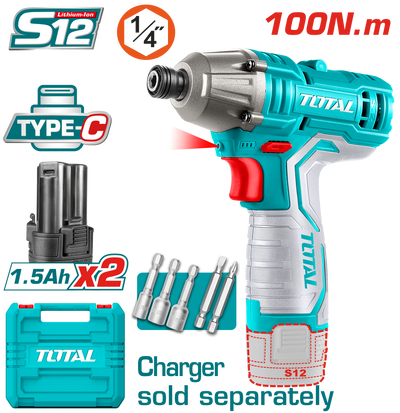 TOTAL 12V Cordless Impact Driver – 100Nm Torque, 2800bpm, 2×1.5Ah Batteries (TIRLI12015)