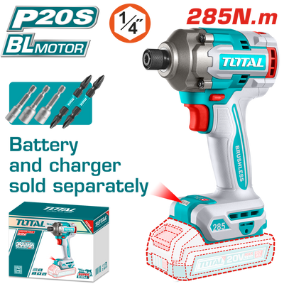 TOTAL Brushless Cordless Impact Driver 20V – 285Nm Hex Impact Driver - Without Battery & Charger (TIRLI20281)