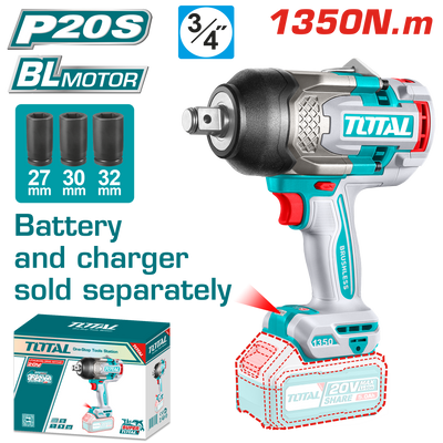 TOTAL Cordless Impact Wrench Brushless 3/4" | 1350N.m - Battery & Charger Sold Separately (TIWLI201351)