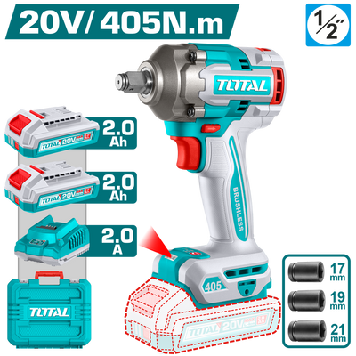 TOTAL 20V Brushless Cordless Impact Wrench 1/2" – 405Nm Fastening & 555Nm Breakaway Torque with 2 Batteries (TIWLI2045)