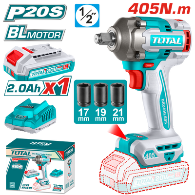 TOTAL Cordless Impact Wrench 20V – 405Nm – Brushless – 1/2" Square Drive (TIWLI20455)