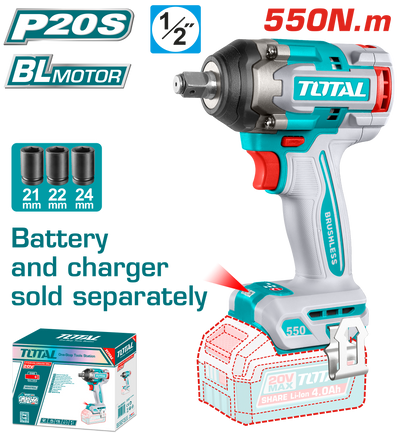 TOTAL 20V Cordless Impact Wrench 1/2" Brushless – 550Nm with Sockets (TIWLI20551)