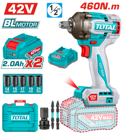 TOTAL Cordless Brushless Impact Wrench 42V – 1/2" Drive 460Nm with 2 Batteries (TIWLI42462)