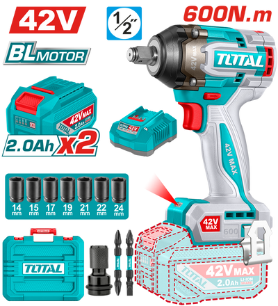 TOTAL 42V Cordless Impact Wrench – Brushless Motor, 1/2" Drive, 600Nm Torque, 3-Speed (TIWLI42602)