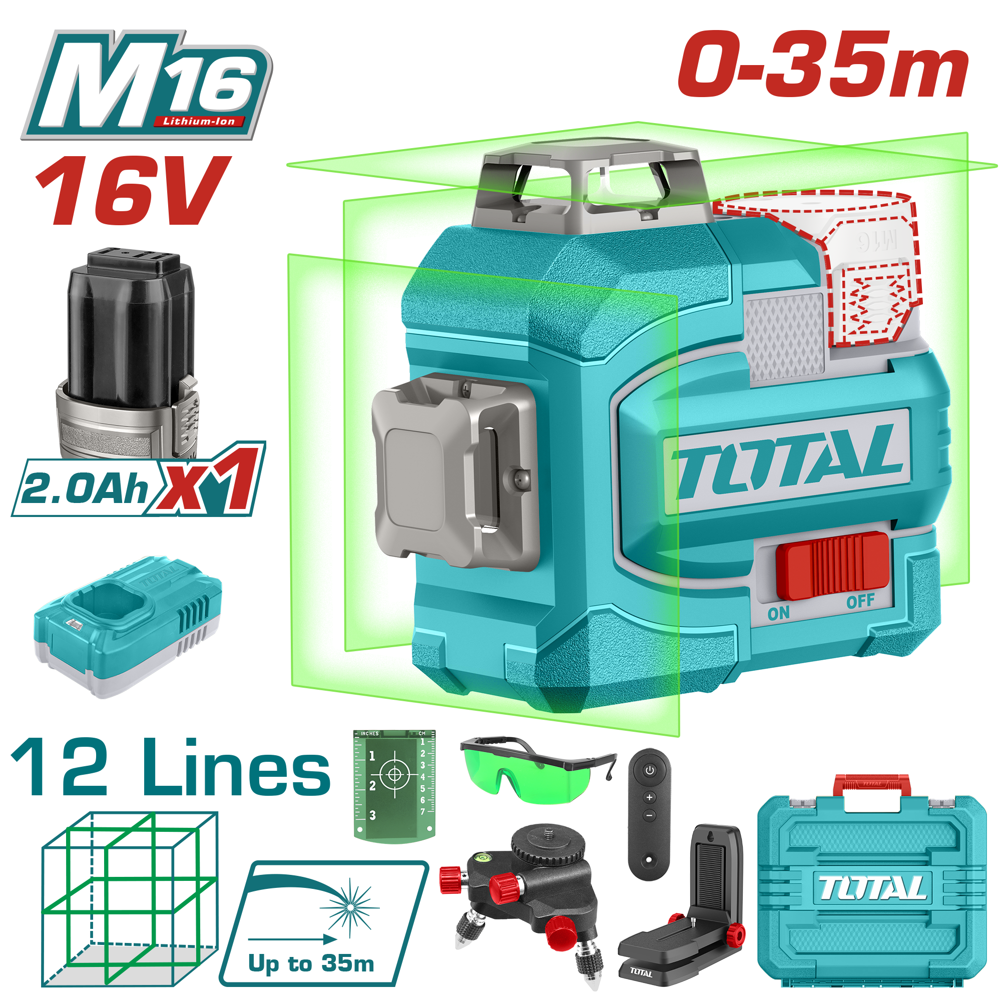 ميزان ليزر خضراء 3D لاسلكي توتال 16V مع ملحقات
