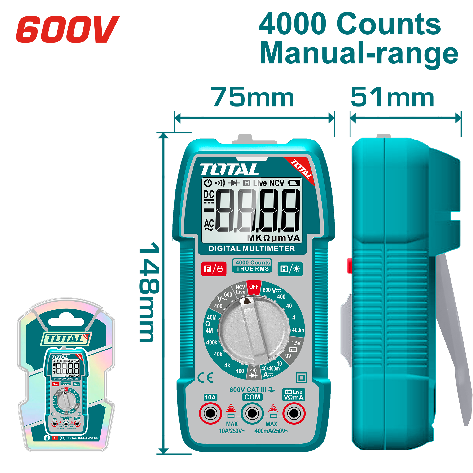 ملتيميتر رقمي 600 فولت DC/AC – شاشة TRMS بعداد 4000 من توتال