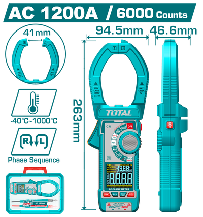 TOTAL Digital AC Clamp Meter 1200A – True RMS 6000 Counts with Color Display (TMT7610001)