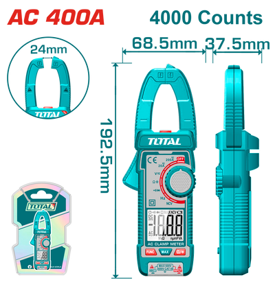 TOTAL Digital AC Clamp Meter 400A – TRMS 4000 Counts.