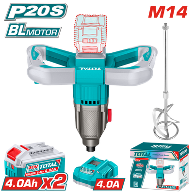 TOTAL 20V Cordless Mixer M14 – 2-Speed Variable Control with 2×4.0Ah Batteries (TMXLI20162)