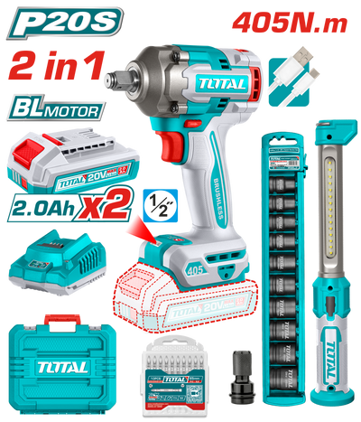 TOTAL Cordless 2 Pcs Combo Kit – Impact Wrench 20V & Work Lamp (TOSLI23056)
