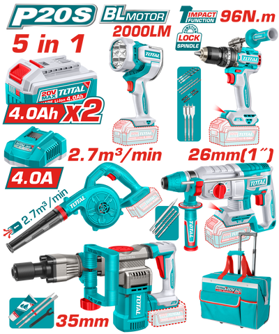 TOTAL 5 Pcs Cordless Industrial Combo Kit 20V – Rotary Hammer, Demolition Breaker, Drill, Blower, Work Lamp (TOSLI251083)