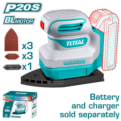 TOTAL 20V Cordless Palm Sander Brushless – 12000rpm with Sanding Pads & Papers (TPSLI2024)