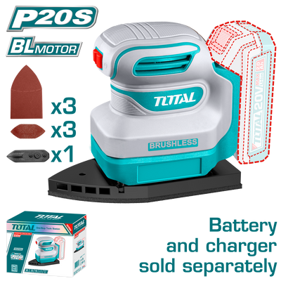 TOTAL 20V Cordless Palm Sander Brushless – 12000rpm with Sanding Pads & Papers (TPSLI2024)