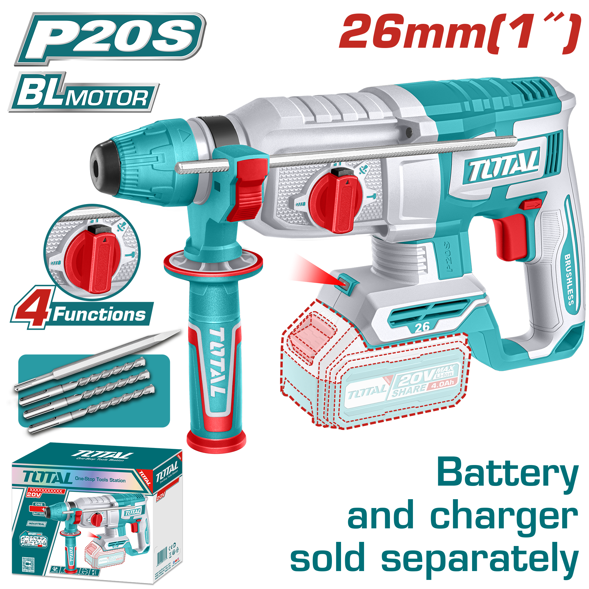 TOTAL 20V SDS Plus Brushless Hammer – TRHLI20268 (Bare Tool)