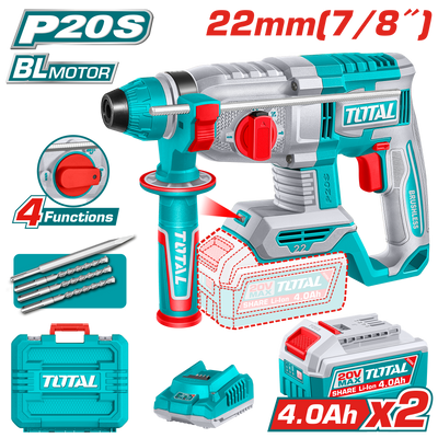TOTAL 20V Cordless Rotary Hammer SDS Plus Brushless – 2.0J with 2×4.0Ah Batteries (TRHLI212282)