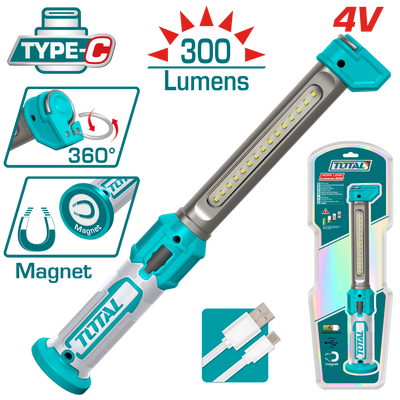 TOTAL Cordless Rechargeable Work Lamp – 300 Lumens, Magnetic Base, USB Charging (TWLI043006)