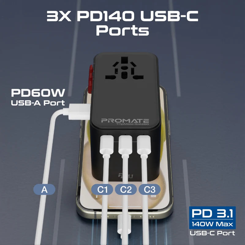 Promate TripMate-GaN160 160W Multi-Port Travel Adapter