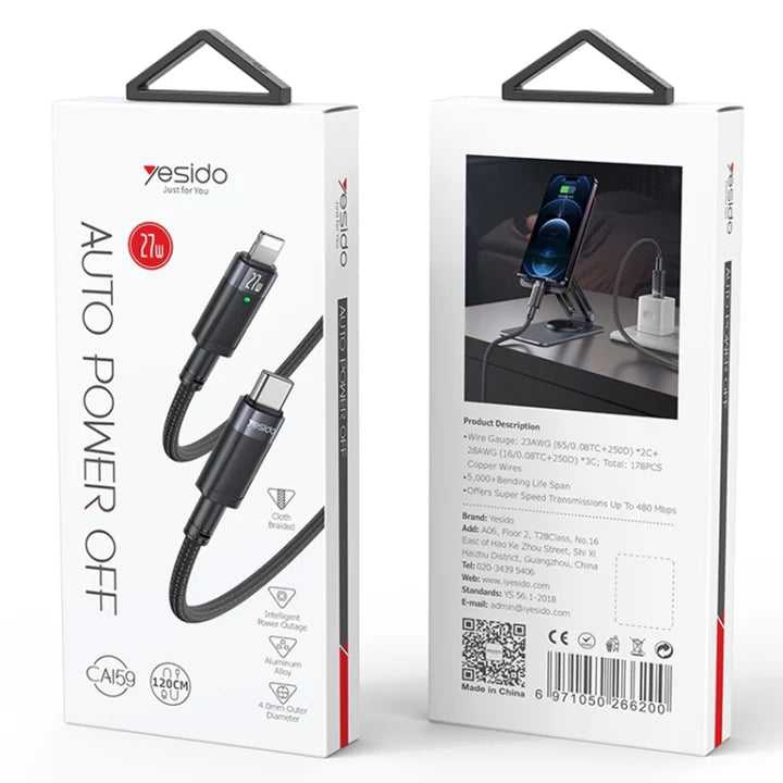 Yesido CA159 USB-C to Lightning Cable 27W with Auto Cut-Off - Fast Charging & Data Transfer - Black