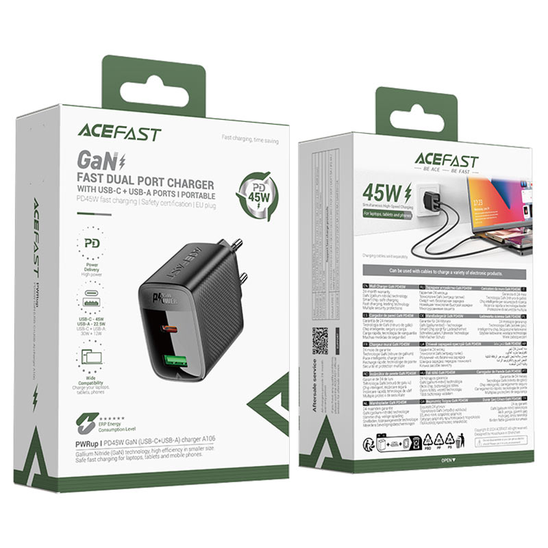 شاحن ACEFAST A106 GaN 45W USB-C + USB-A سريع