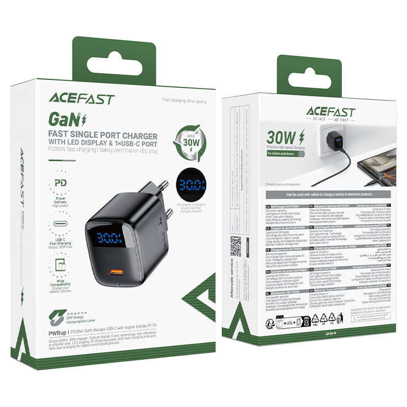 شاحن ACEFAST A113 GaN 20W USB-C مع شاشة LED وكابل