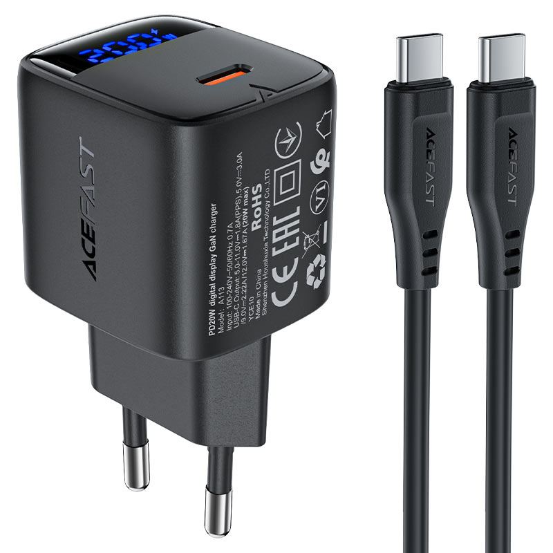شاحن ACEFAST A113 GaN 20W USB-C مع شاشة LED وكابل