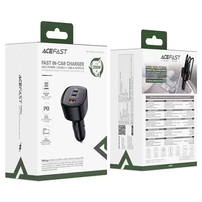 شاحن سيارة ACEFAST B18 سريع 200W 3 منافذ USB-C وUSB-A
