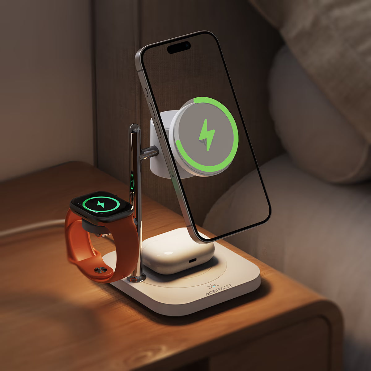 محطة شحن ACEFAST E39 لاسلكية 4×1 Qi2.2 مع إضاءة ليلية