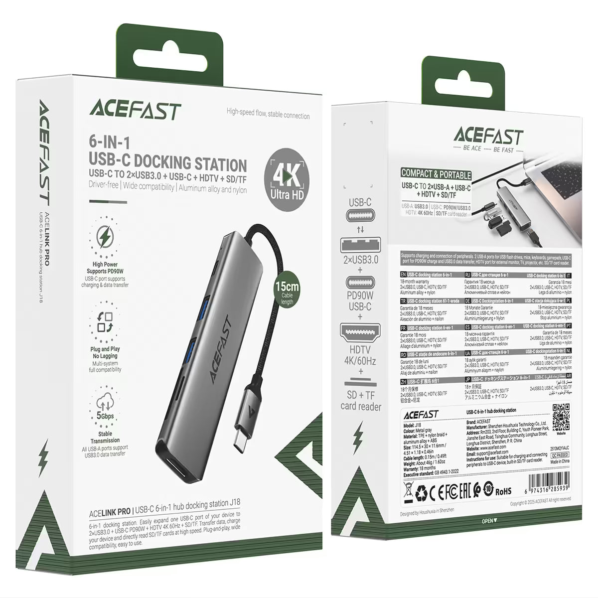 قاعدة ACEFAST J18 USB-C 6 في 1 4K 60Hz PD 90W