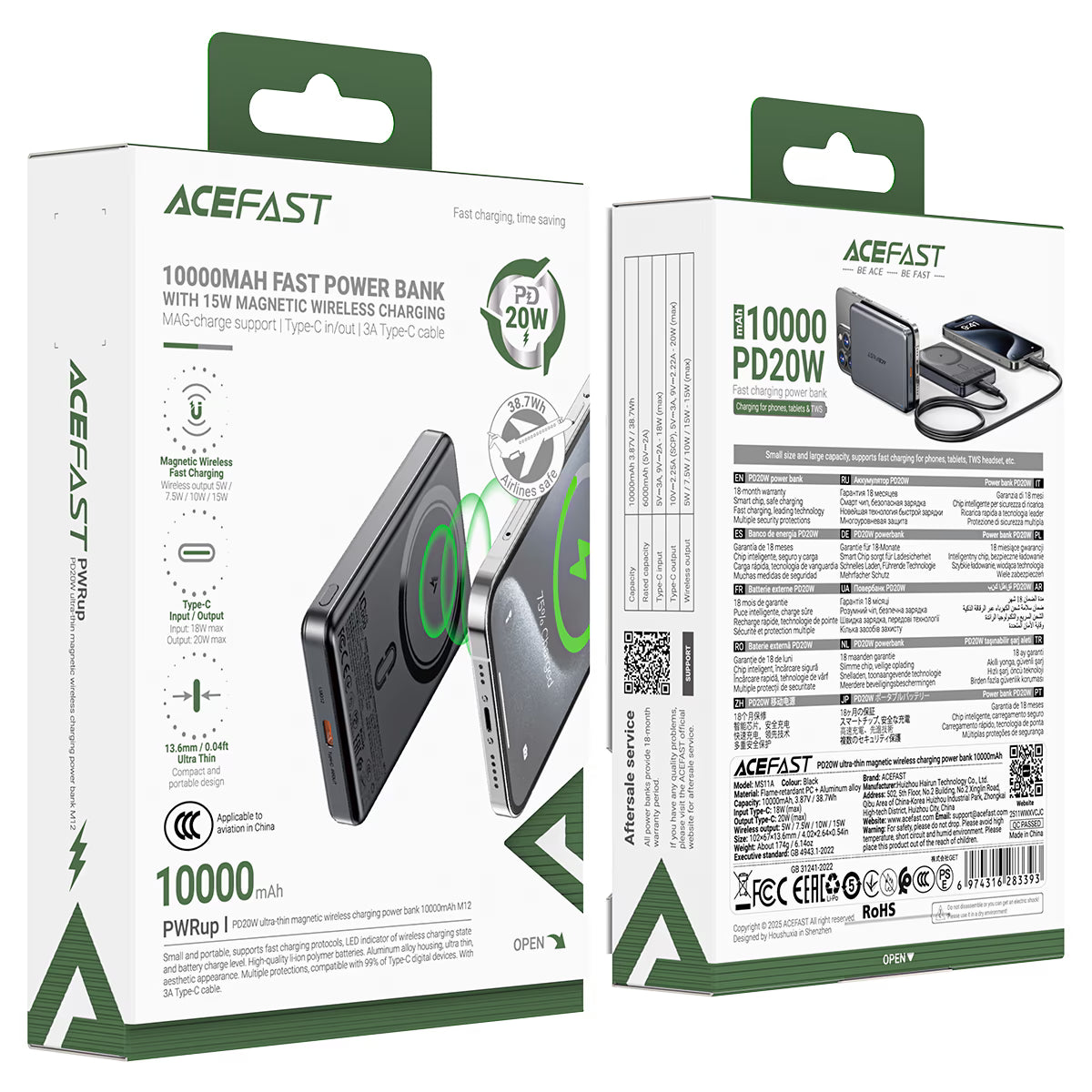 ACEFAST M12 Magnetic Wireless Power Bank 10000mAh – PD 20W Fast Charge | Ultra-Thin | USB-C | LED Indicator | MAG-Charge