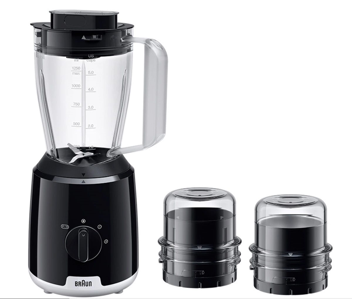 Braun Blender, 600W, 1.2L glass jar, 2 speeds, black, with TriAction technology and two grinders.