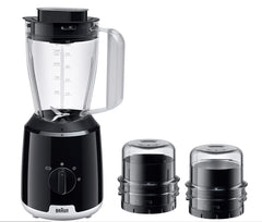 Braun Blender, 600W, 1.2L glass jar, 2 speeds, black, with TriAction technology and two grinders.