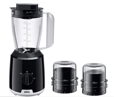 Braun Blender, 600W, 1.2L glass jar, 2 speeds, black, with TriAction technology and two grinders.