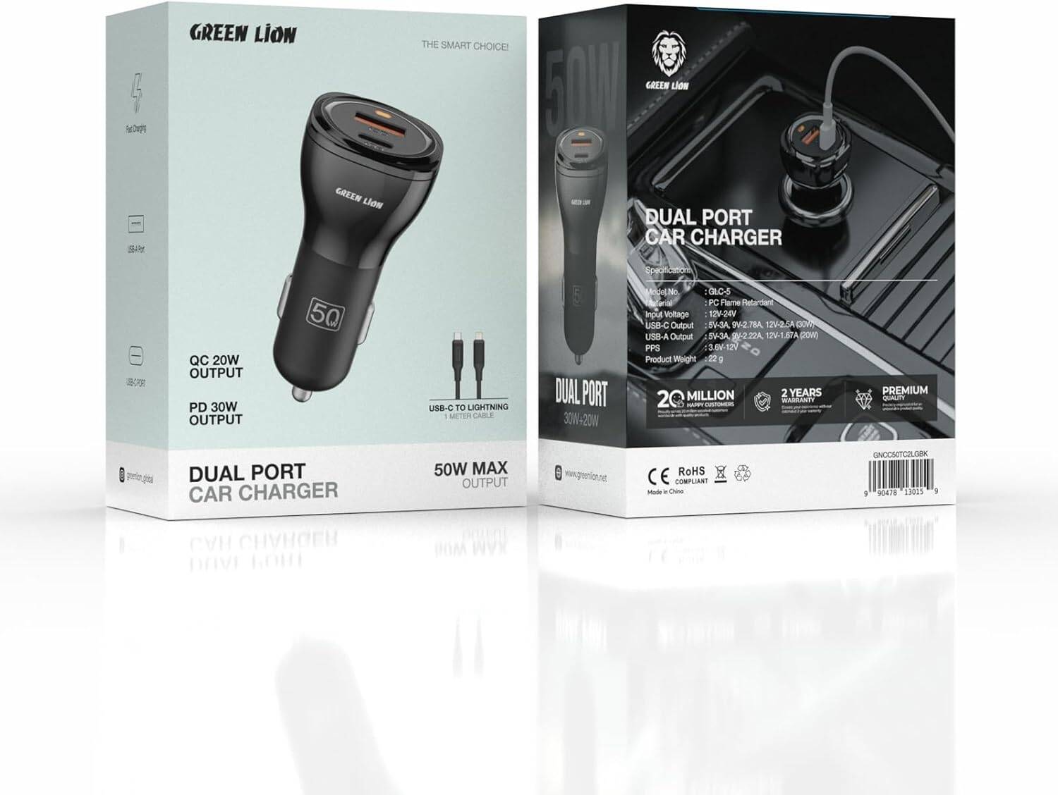 Green Lion 50W Car Charger + C to Lightning Cable | Dual Port