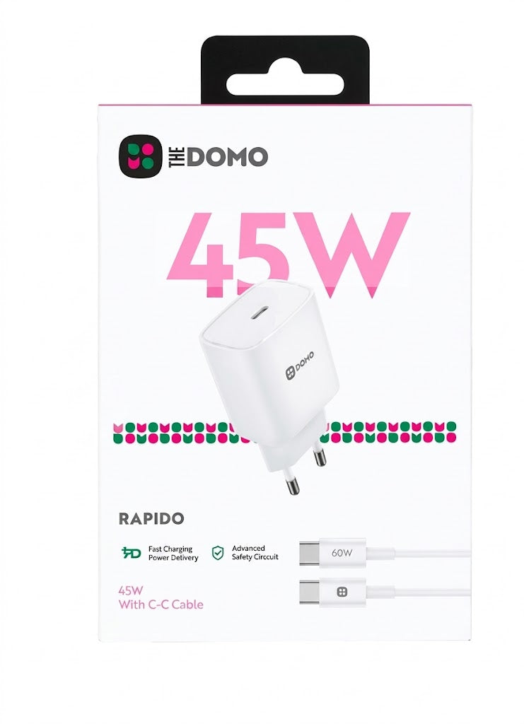 شاحن DOMO RAPIDO بقدرة 45 واط مع كابل USB-C إلى USB-C - أبيض
