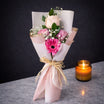 Mini rose and gerbera bouquet - blush pink rose, lavender rose and hot pink gerbera with baby's breath wrapped in white and pink tissue paper