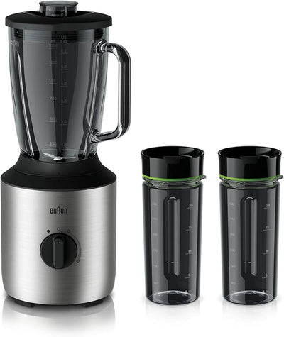 Braun PowerBlend Blender 800W 1.5L Glass Jug Variable Speed & Pulse with 2 Smoothie2Go Cups – Silver (JB3272SI)