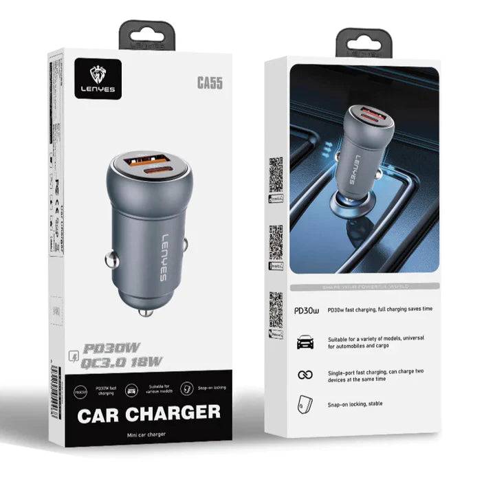 Lenyes CA55 Mini 30W PD Car Charger – Dual Port Fast Charge